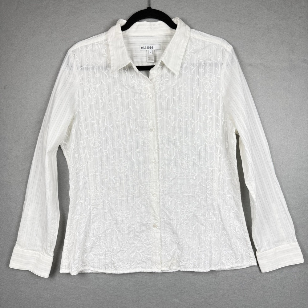 Vtg Realities 100% Cotton Long Sleeve Shirt Button Up White Embroidered Sz 14